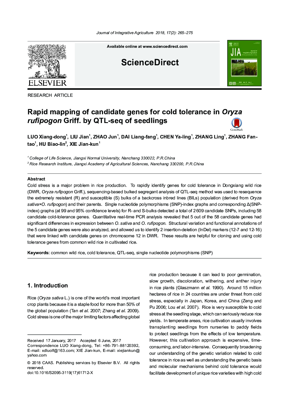 Rapid mapping of candidate genes for cold tolerance in Oryza rufipogon Griff. by QTL-seq of seedlings