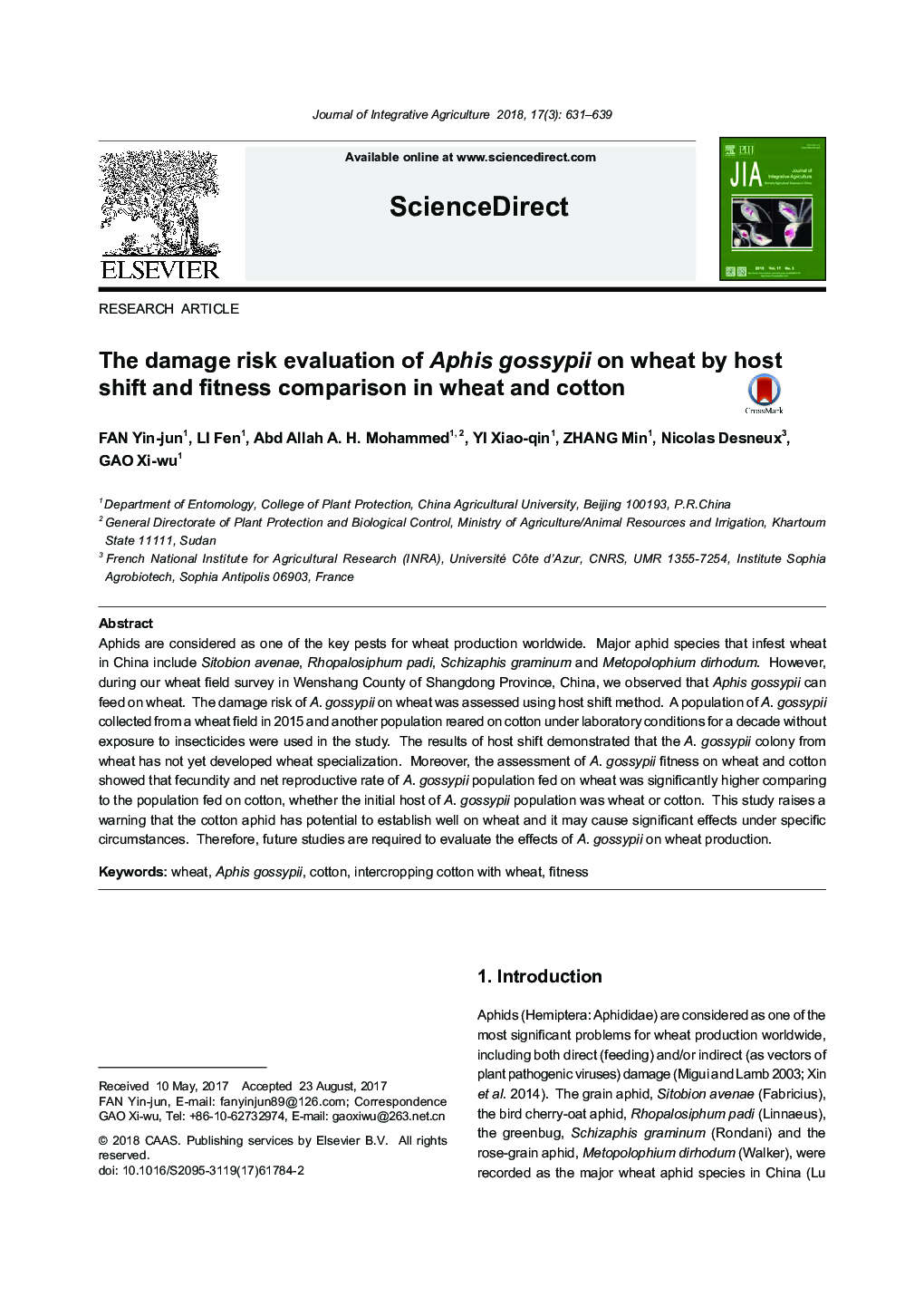 The damage risk evaluation of Aphis gossypii on wheat by host shift and fitness comparison in wheat and cotton