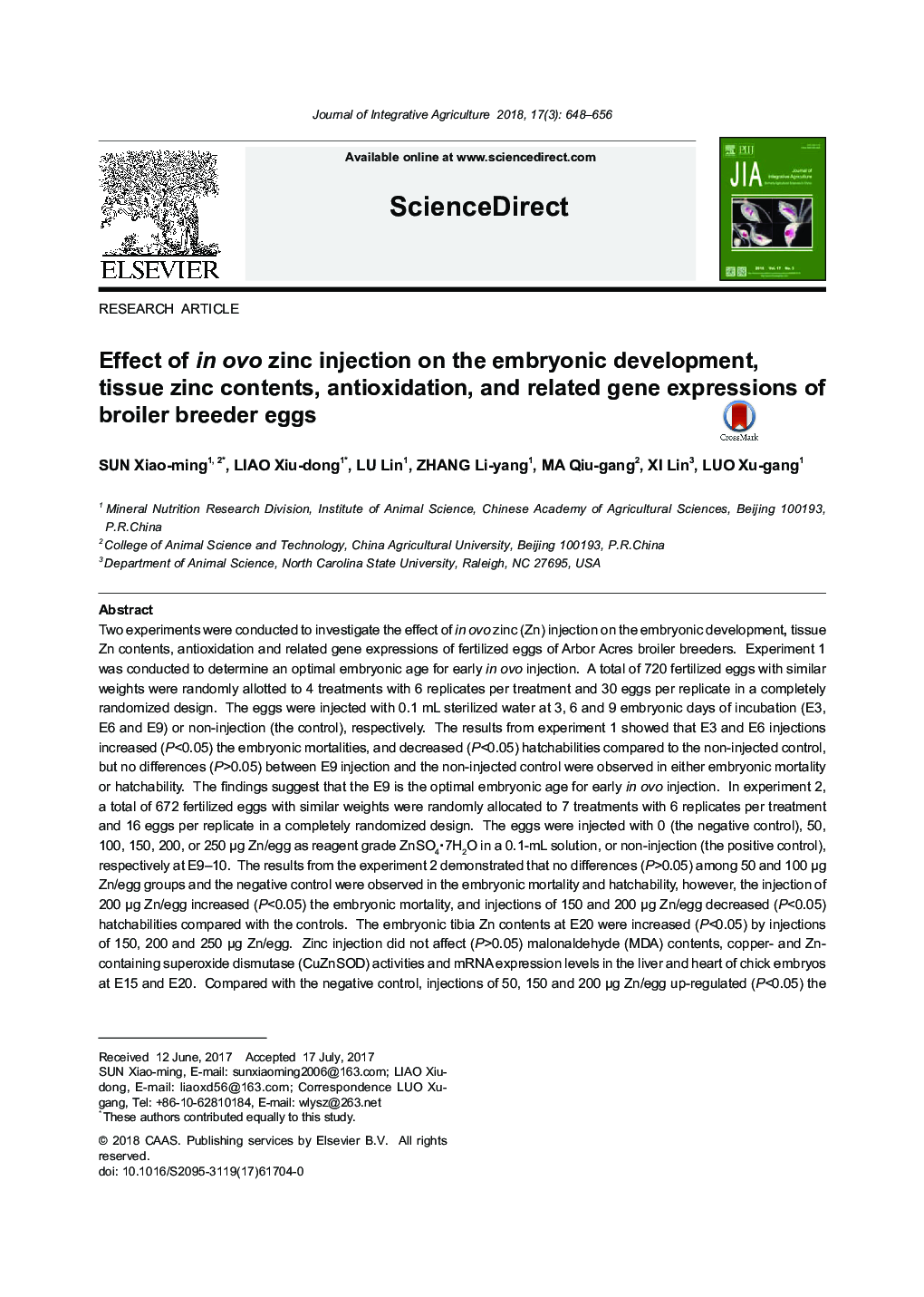 Effect of in ovo zinc injection on the embryonic development, tissue zinc contents, antioxidation, and related gene expressions of broiler breeder eggs