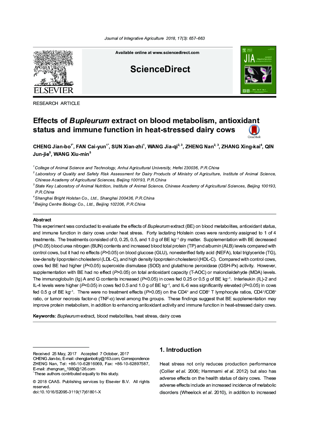 Effects of Bupleurum extract on blood metabolism, antioxidant status and immune function in heat-stressed dairy cows