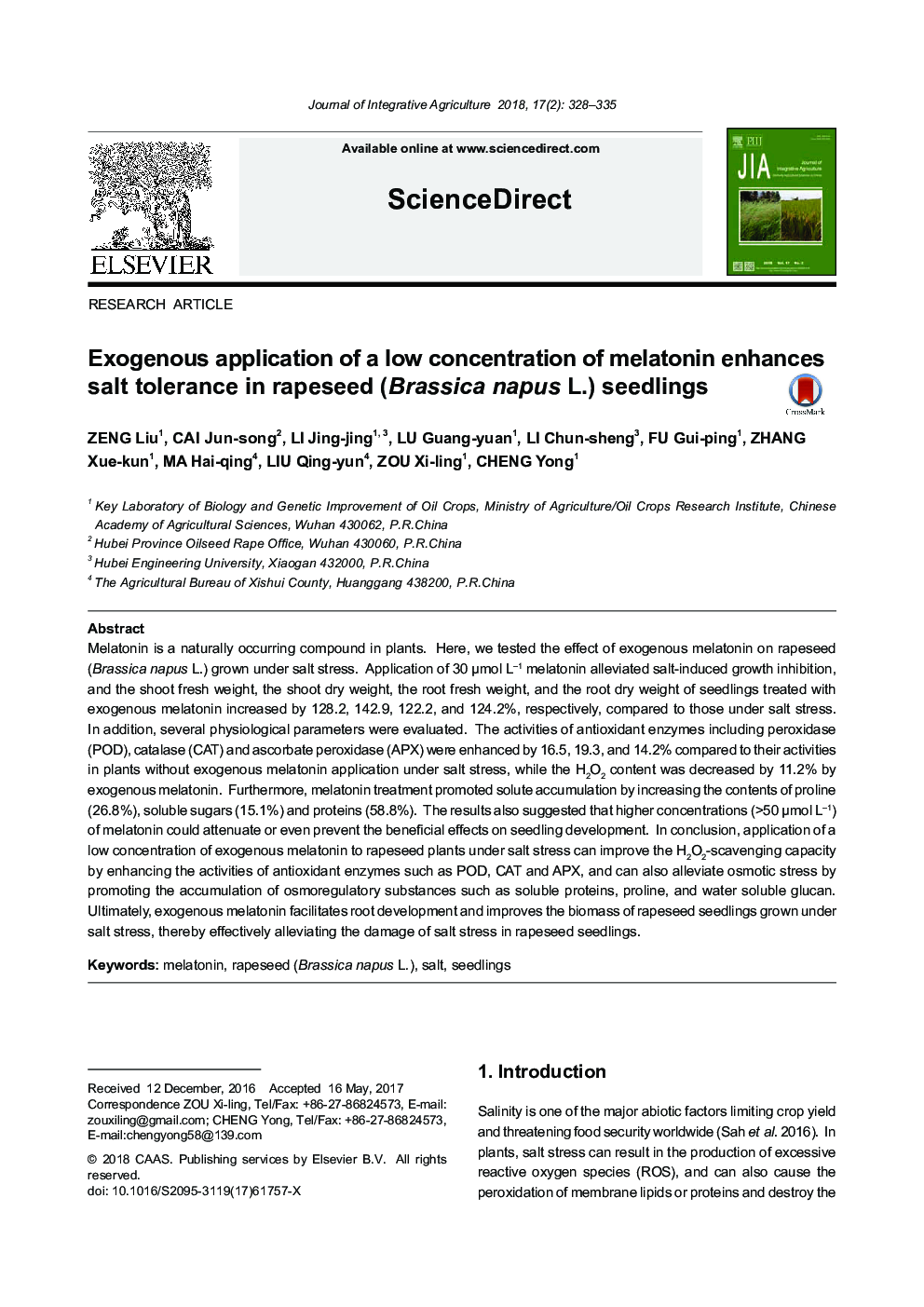 Exogenous application of a low concentration of melatonin enhances salt tolerance in rapeseed (Brassica napus L.) seedlings