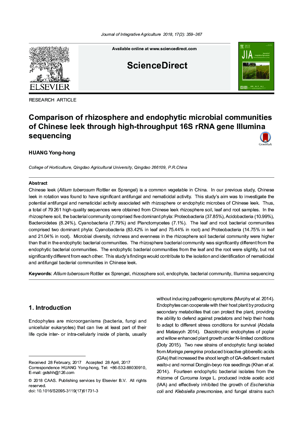 Comparison of rhizosphere and endophytic microbial communities of Chinese leek through high-throughput 16S rRNA gene Illumina sequencing