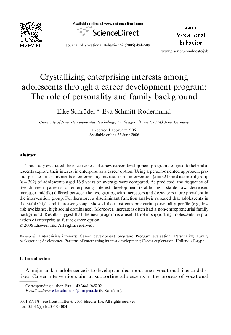 Crystallizing enterprising interests among adolescents through a career development program: The role of personality and family background