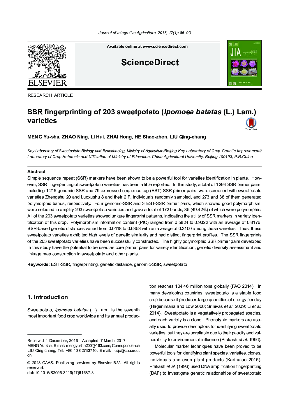 SSR fingerprinting of 203 sweetpotato (Ipomoea batatas (L.) Lam.) varieties