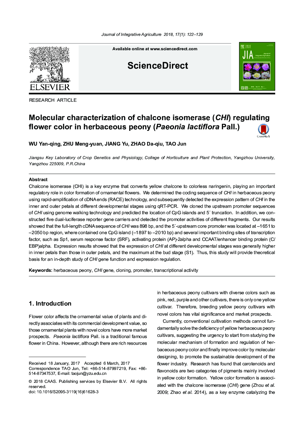 Molecular characterization of chalcone isomerase (CHI) regulating flower color in herbaceous peony (Paeonia lactiflora Pall.)