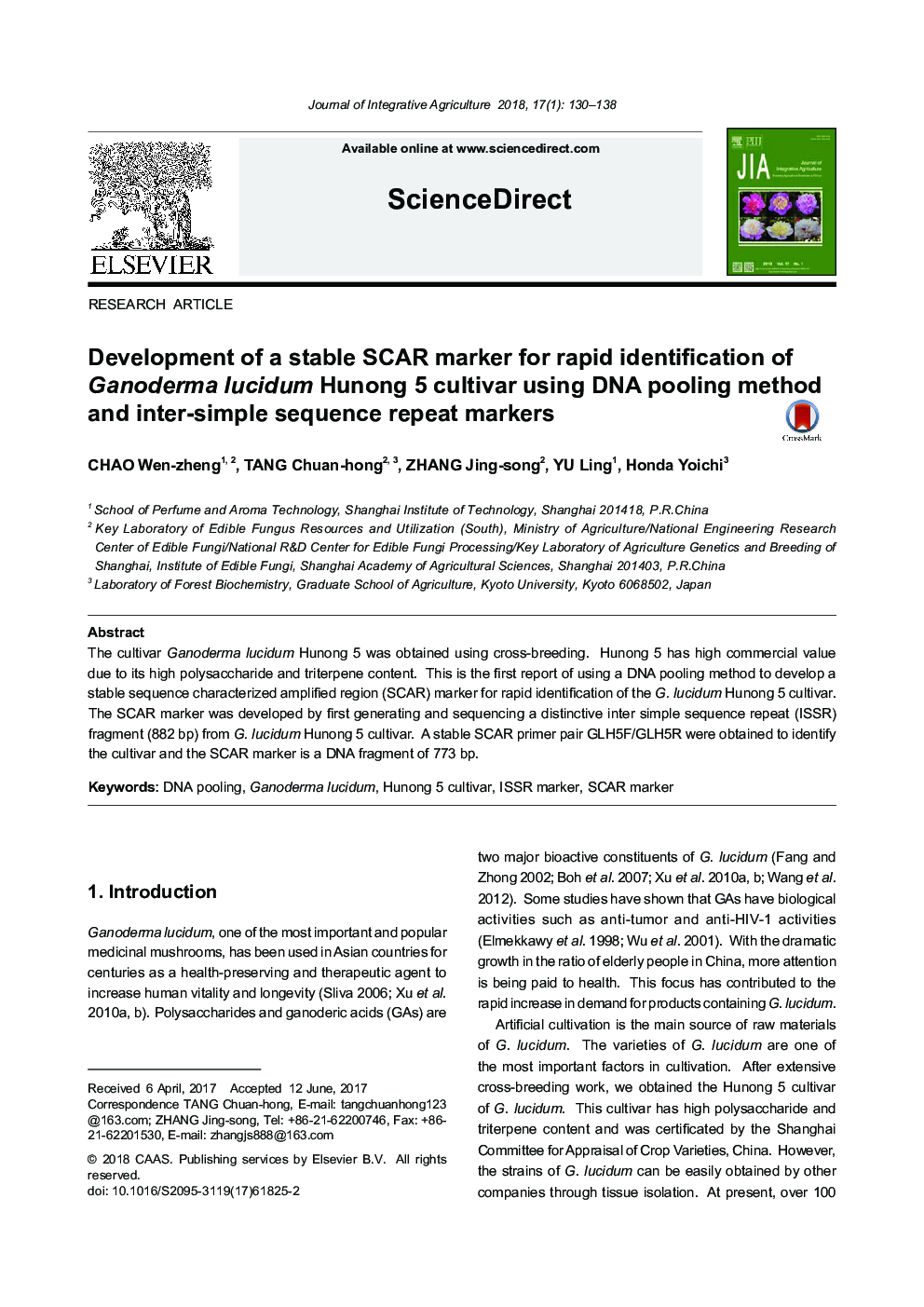 Development of a stable SCAR marker for rapid identification of Ganoderma lucidum Hunong 5 cultivar using DNA pooling method and inter-simple sequence repeat markers