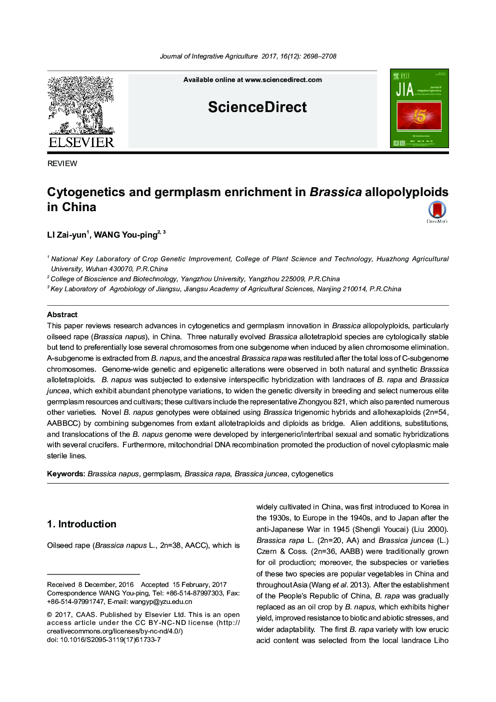 Cytogenetics and germplasm enrichment in Brassica allopolyploids in China