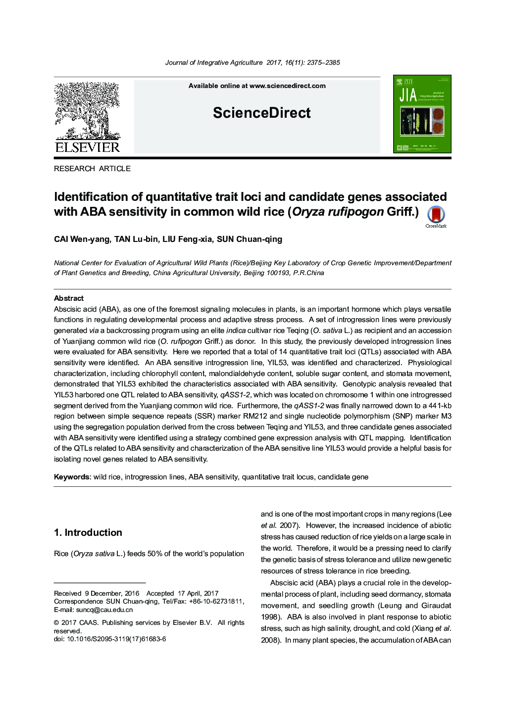 Identification of quantitative trait loci and candidate genes associated with ABA sensitivity in common wild rice (Oryza rufipogon Griff.)