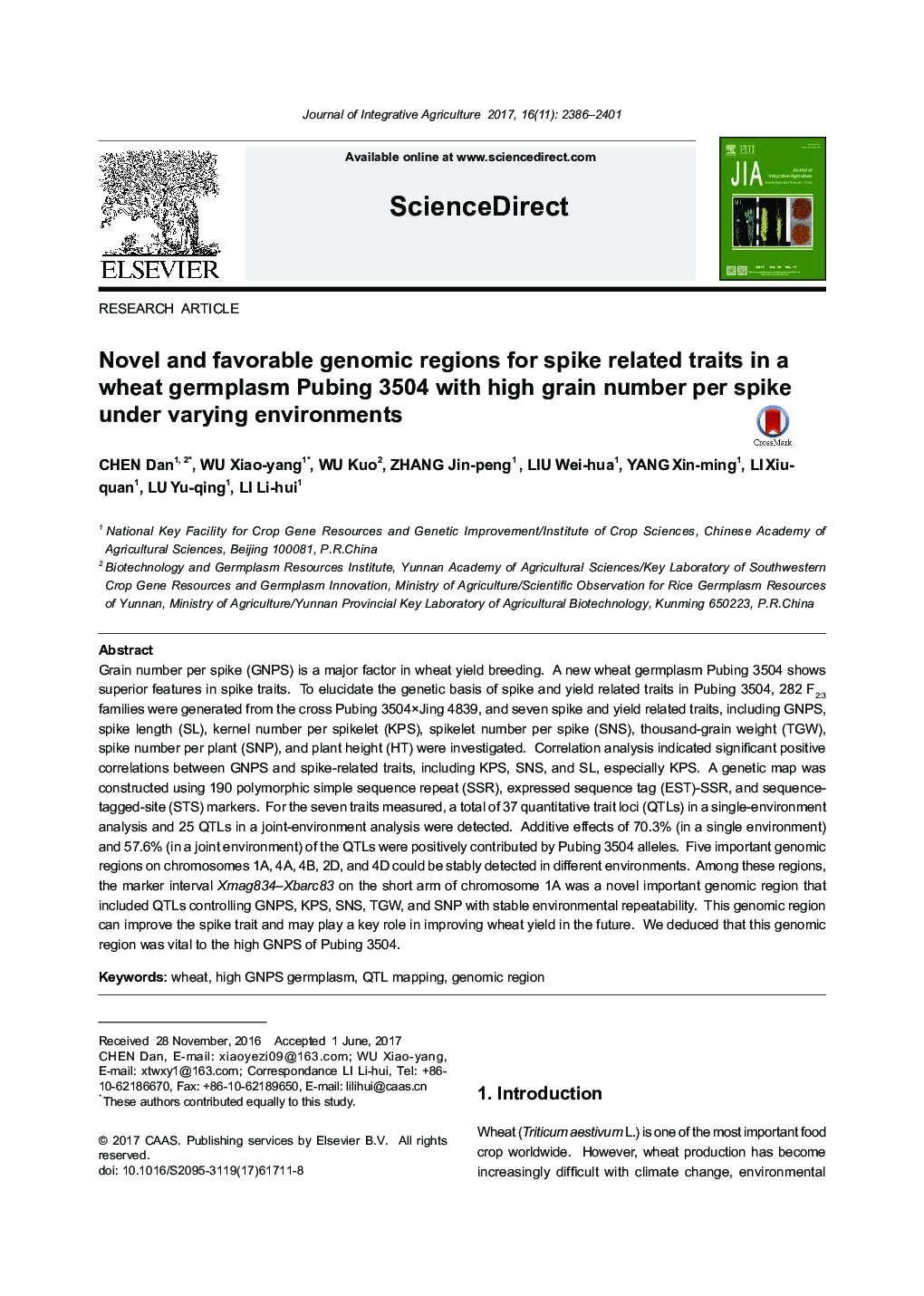 Novel and favorable genomic regions for spike related traits in a wheat germplasm Pubing 3504 with high grain number per spike under varying environments