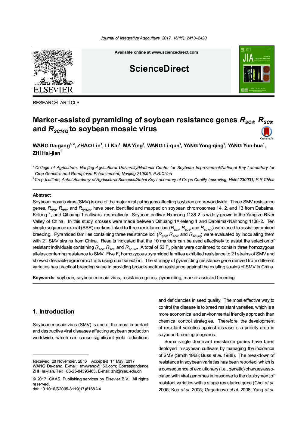 Marker-assisted pyramiding of soybean resistance genes RSC4, RSC8, and RSC14Q to soybean mosaic virus