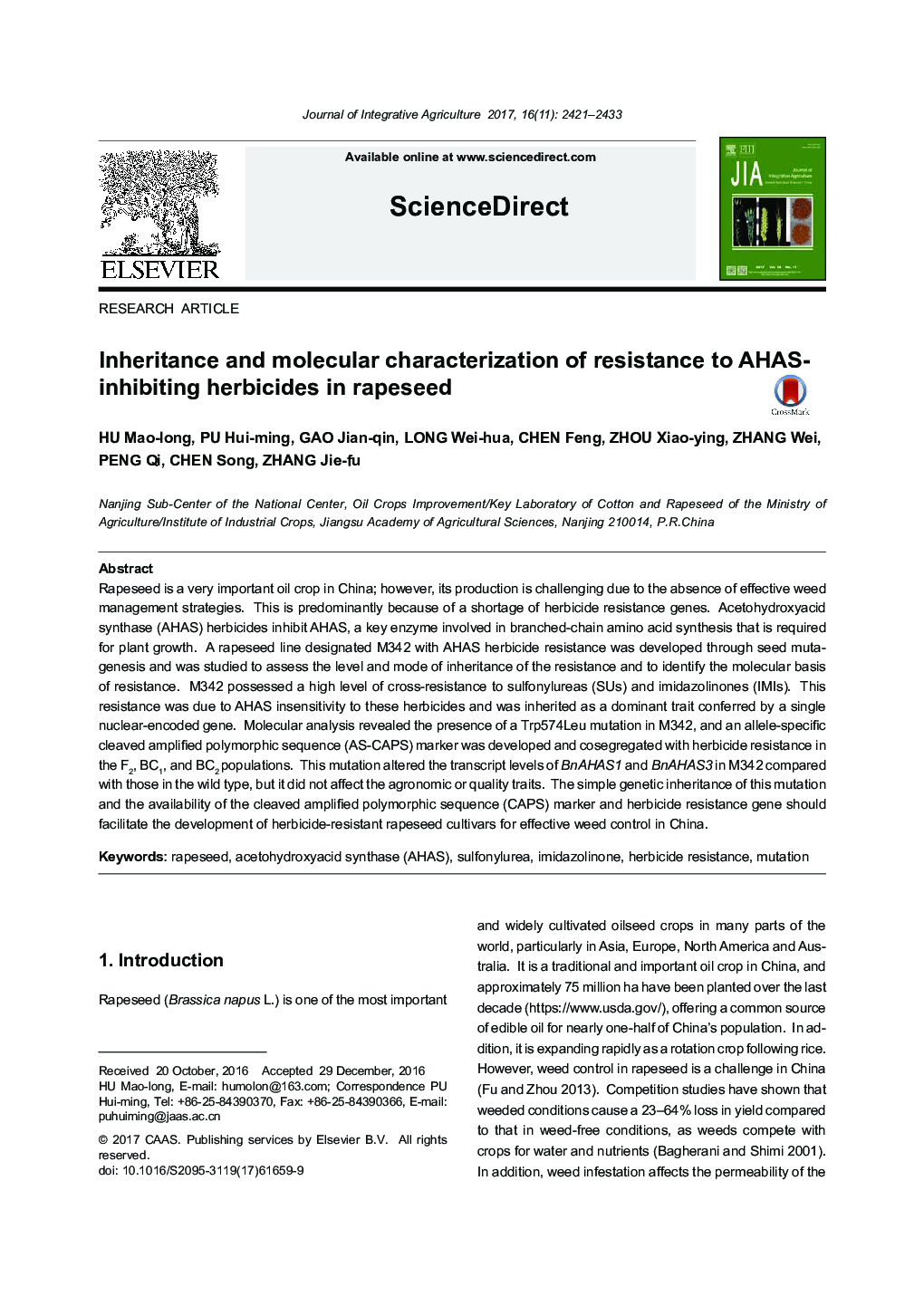 Inheritance and molecular characterization of resistance to AHAS-inhibiting herbicides in rapeseed