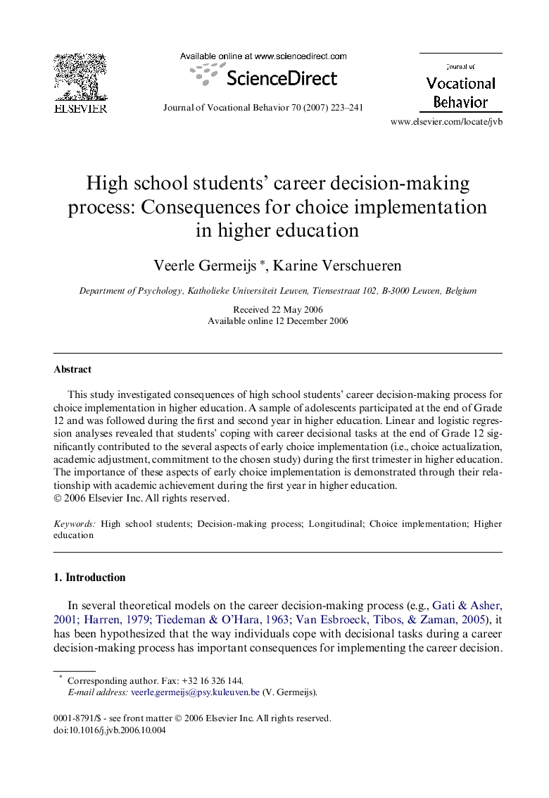 High school students’ career decision-making process: Consequences for choice implementation in higher education