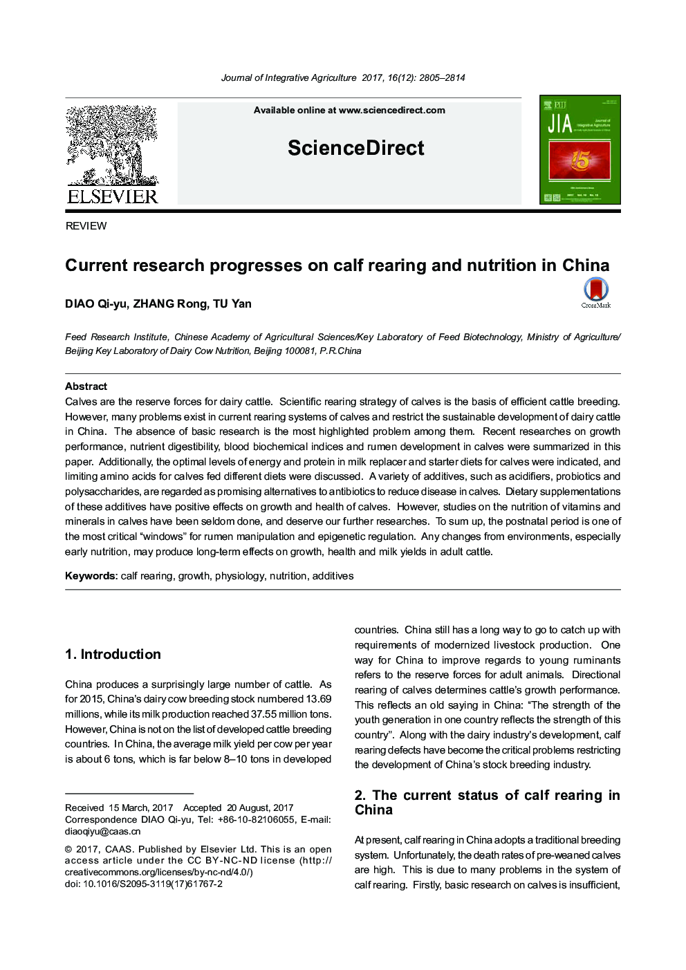 Current research progresses on calf rearing and nutrition in China