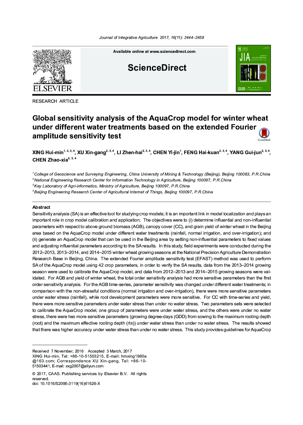 Global sensitivity analysis of the AquaCrop model for winter wheat under different water treatments based on the extended Fourier amplitude sensitivity test