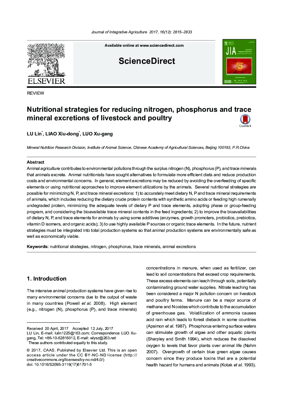 Nutritional strategies for reducing nitrogen, phosphorus and trace mineral excretions of livestock and poultry