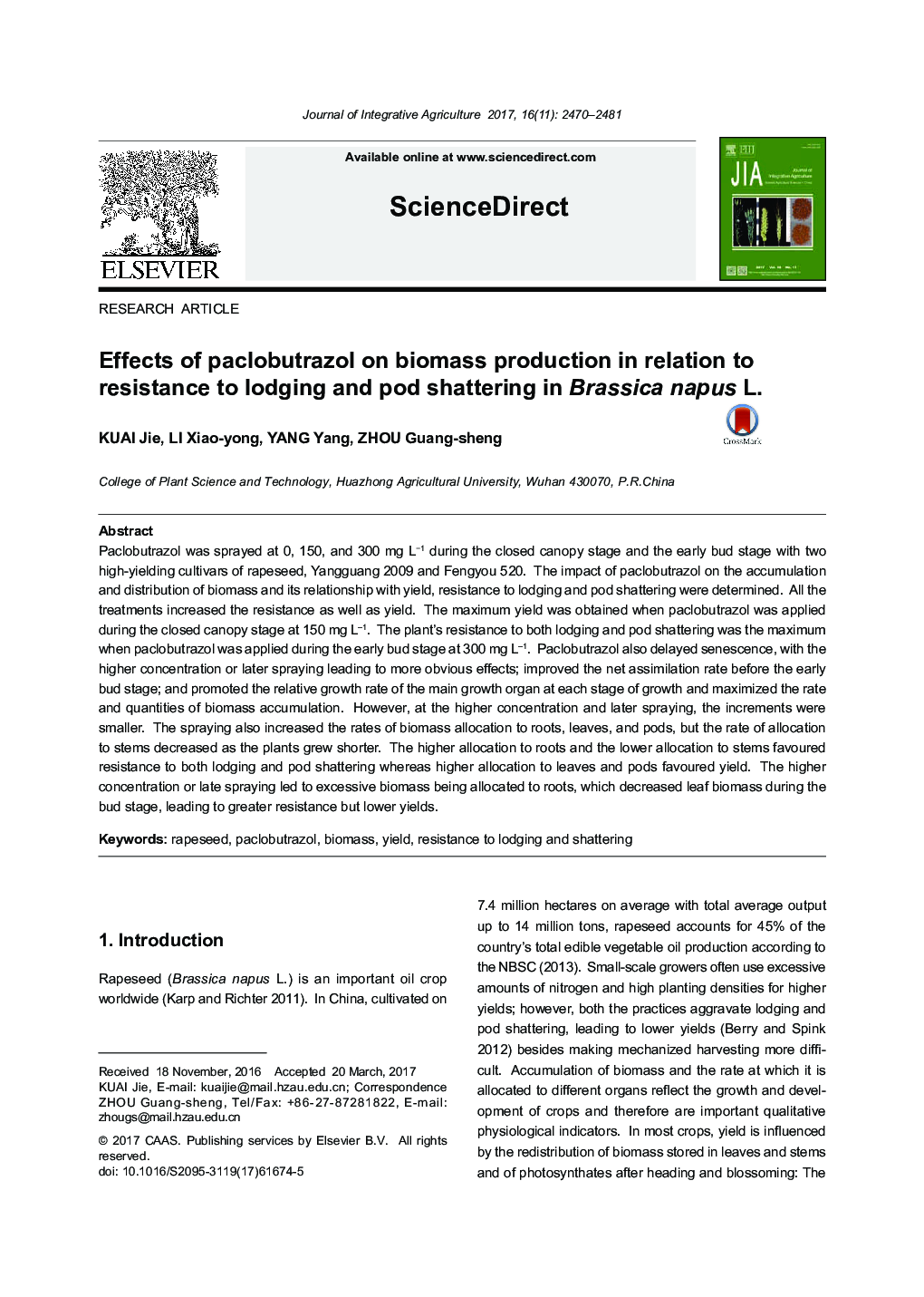 Effects of paclobutrazol on biomass production in relation to resistance to lodging and pod shattering in Brassica napus L.