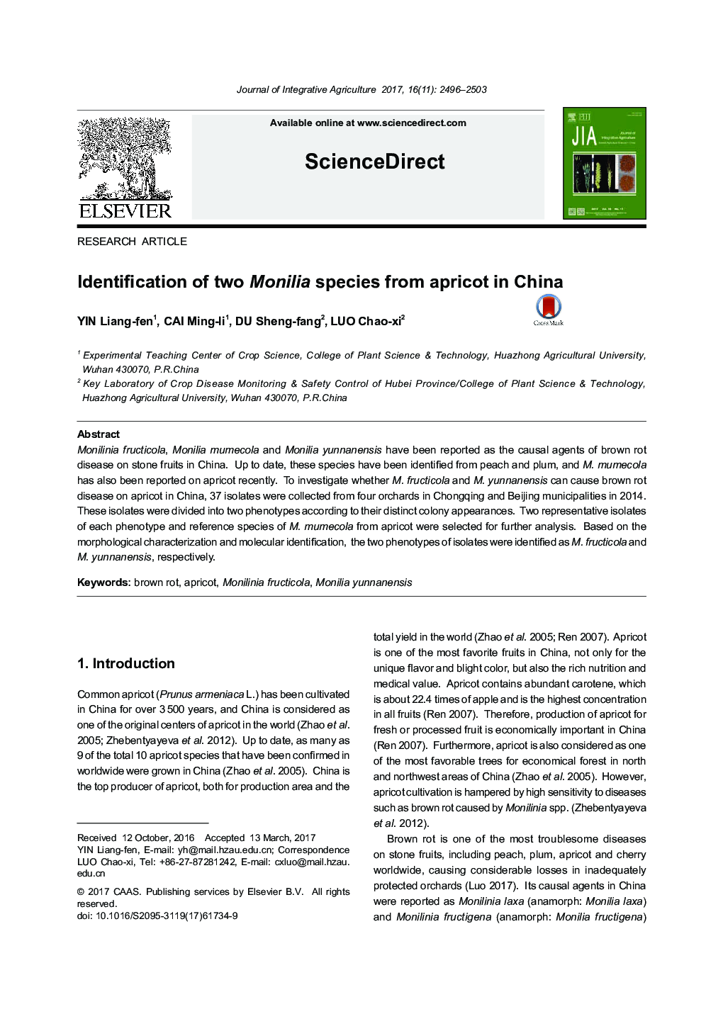 Identification of two Monilia species from apricot in China