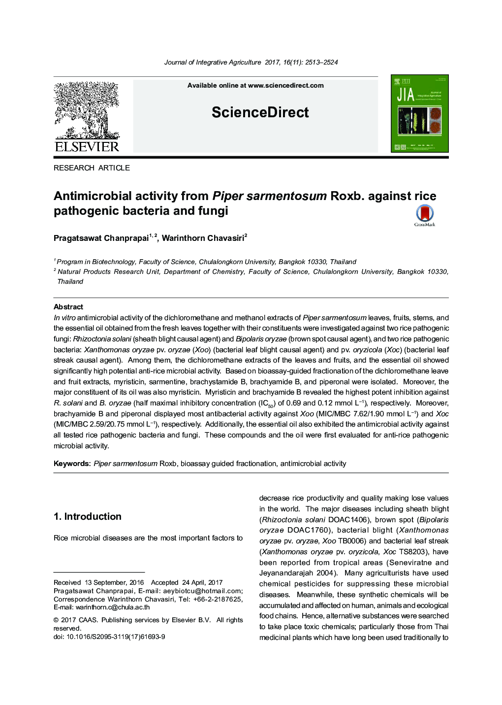 Antimicrobial activity from Piper sarmentosum Roxb. against rice pathogenic bacteria and fungi