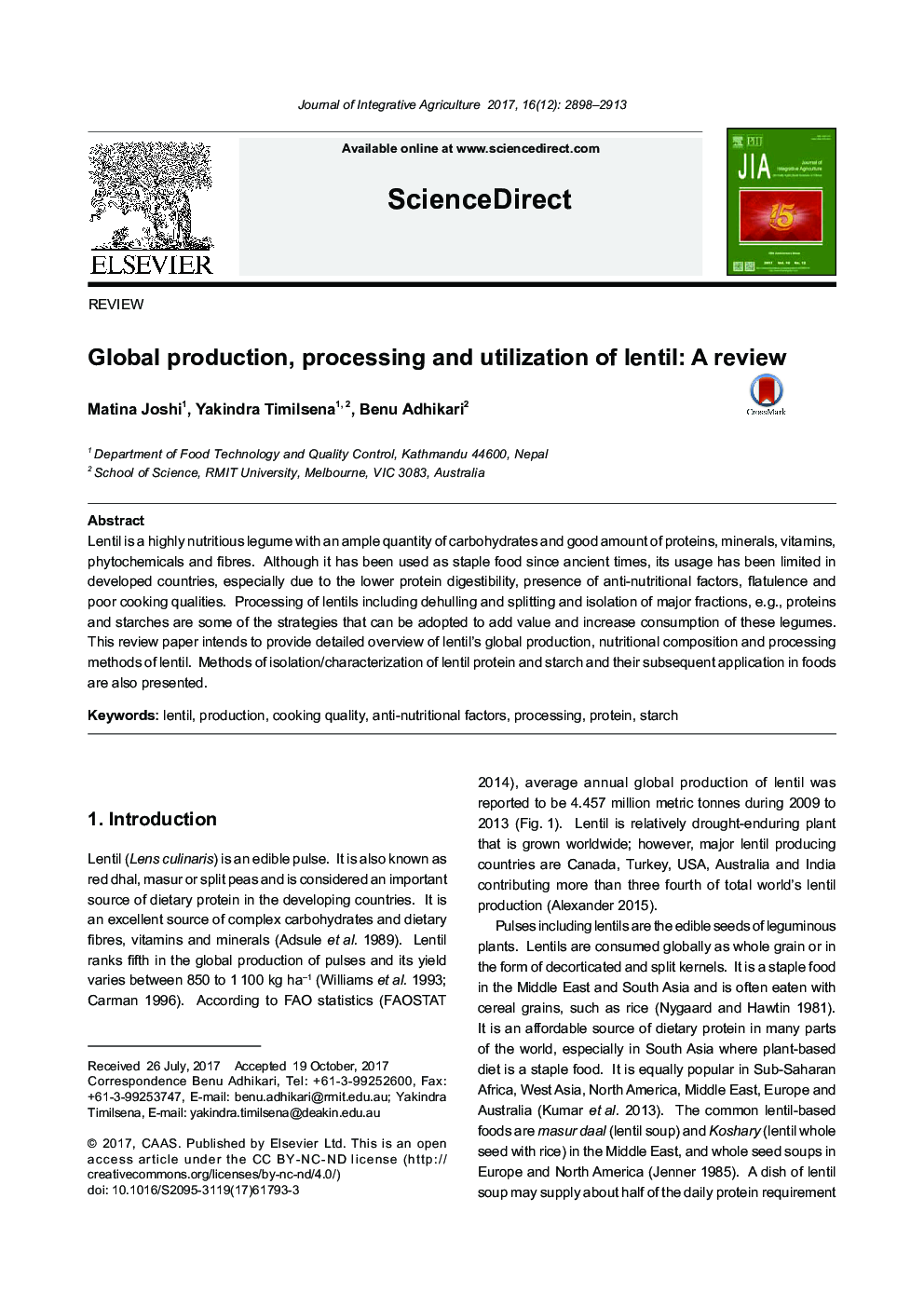 Global production, processing and utilization of lentil: A review