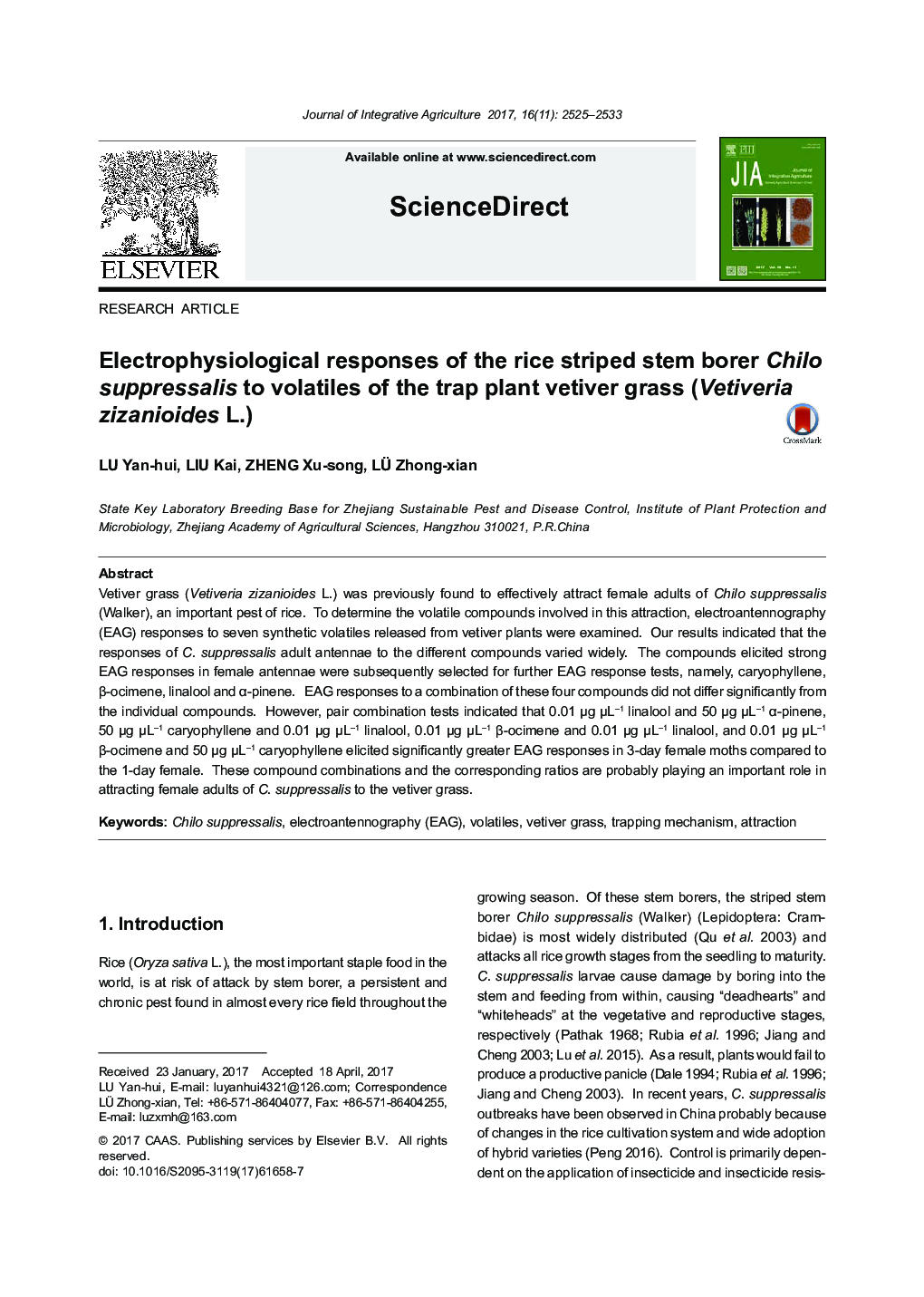 Electrophysiological responses of the rice striped stem borer Chilo suppressalis to volatiles of the trap plant vetiver grass (Vetiveria zizanioides L.)