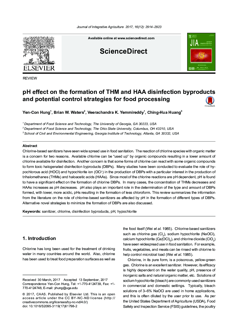 pH effect on the formation of THM and HAA disinfection byproducts and potential control strategies for food processing