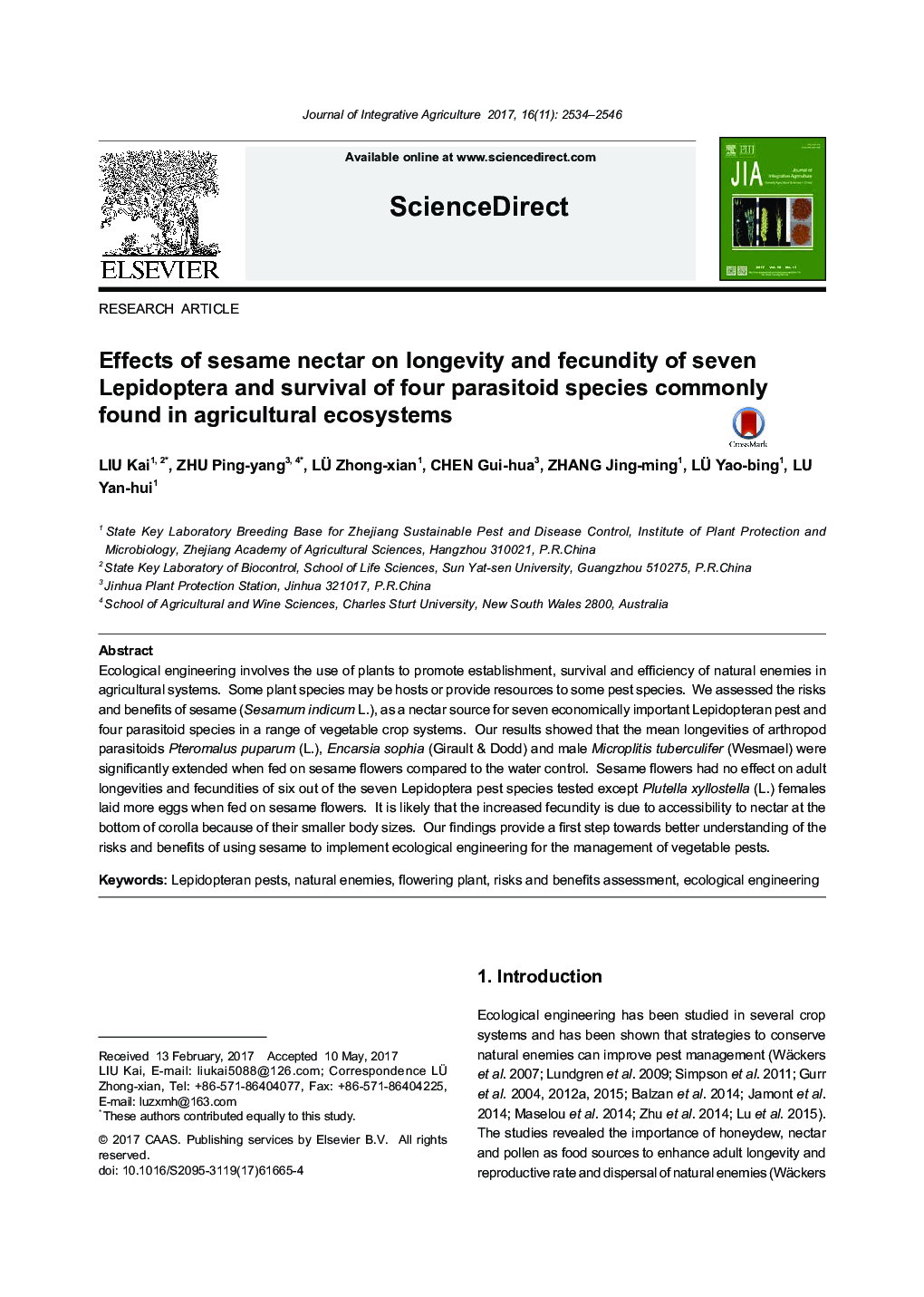 Effects of sesame nectar on longevity and fecundity of seven Lepidoptera and survival of four parasitoid species commonly found in agricultural ecosystems