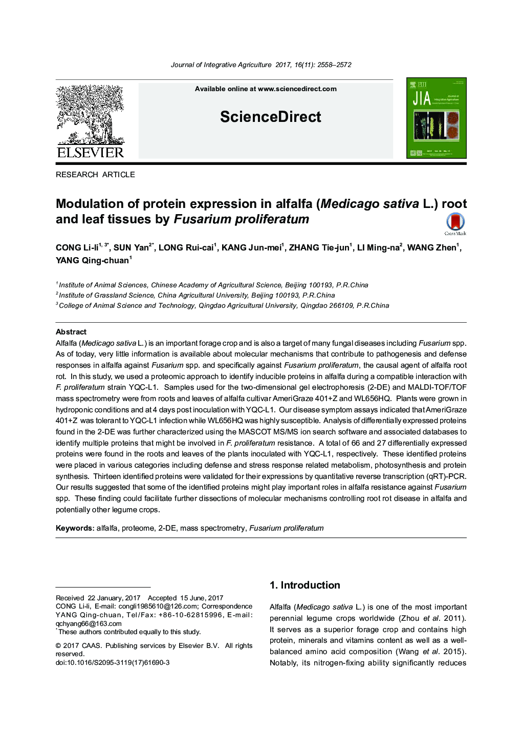 Modulation of protein expression in alfalfa (Medicago sativa L.) root and leaf tissues by Fusarium proliferatum