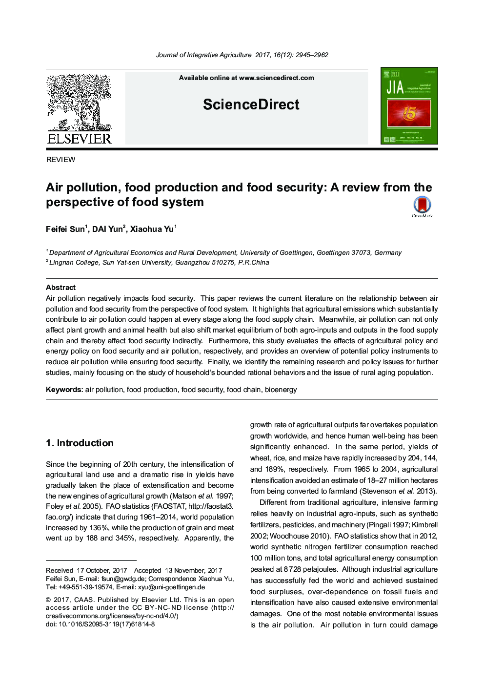 Air pollution, food production and food security: A review from the perspective of food system