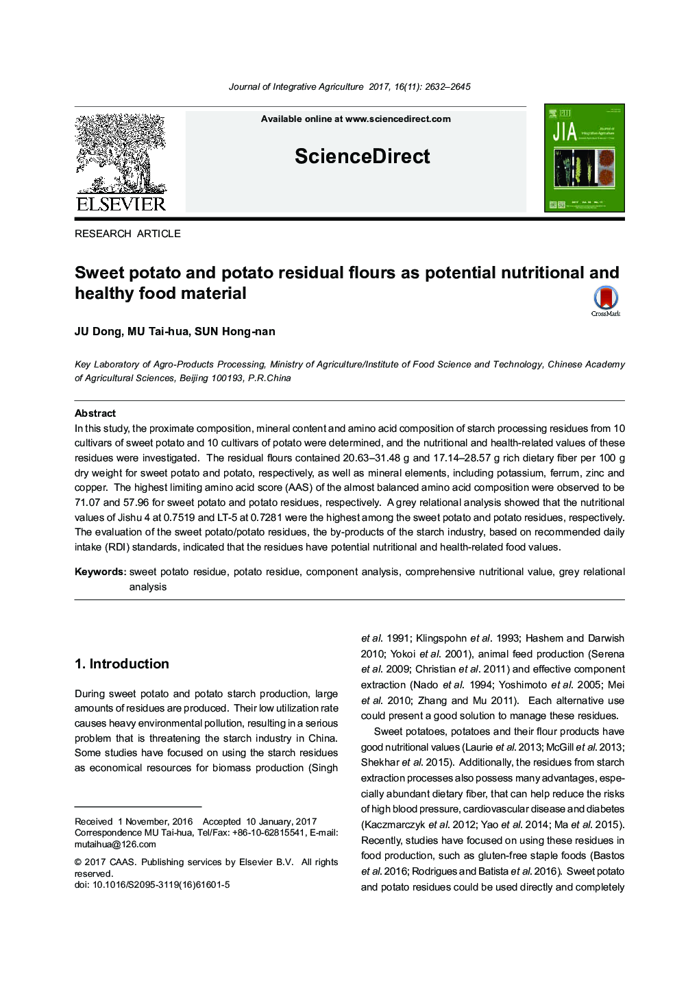 Sweet potato and potato residual flours as potential nutritional and healthy food material