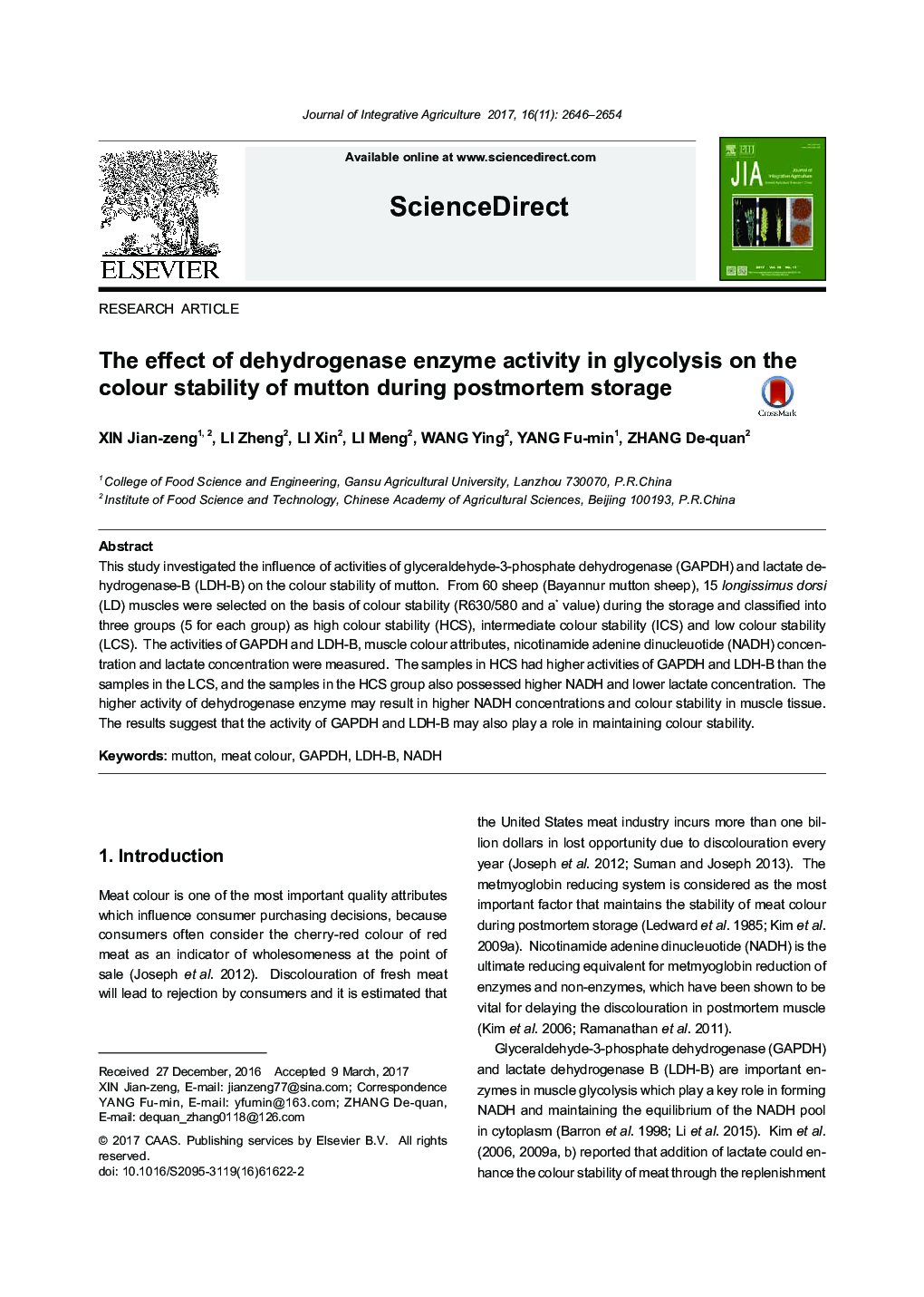 The effect of dehydrogenase enzyme activity in glycolysis on the colour stability of mutton during postmortem storage