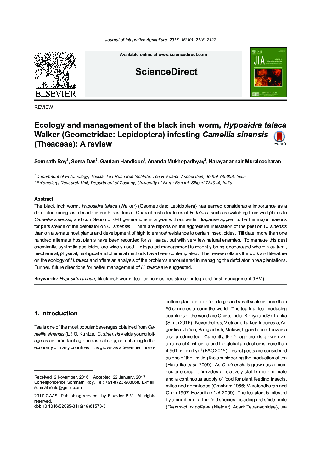 Ecology and management of the black inch worm, Hyposidra talaca Walker (Geometridae: Lepidoptera) infesting Camellia sinensis (Theaceae): A review