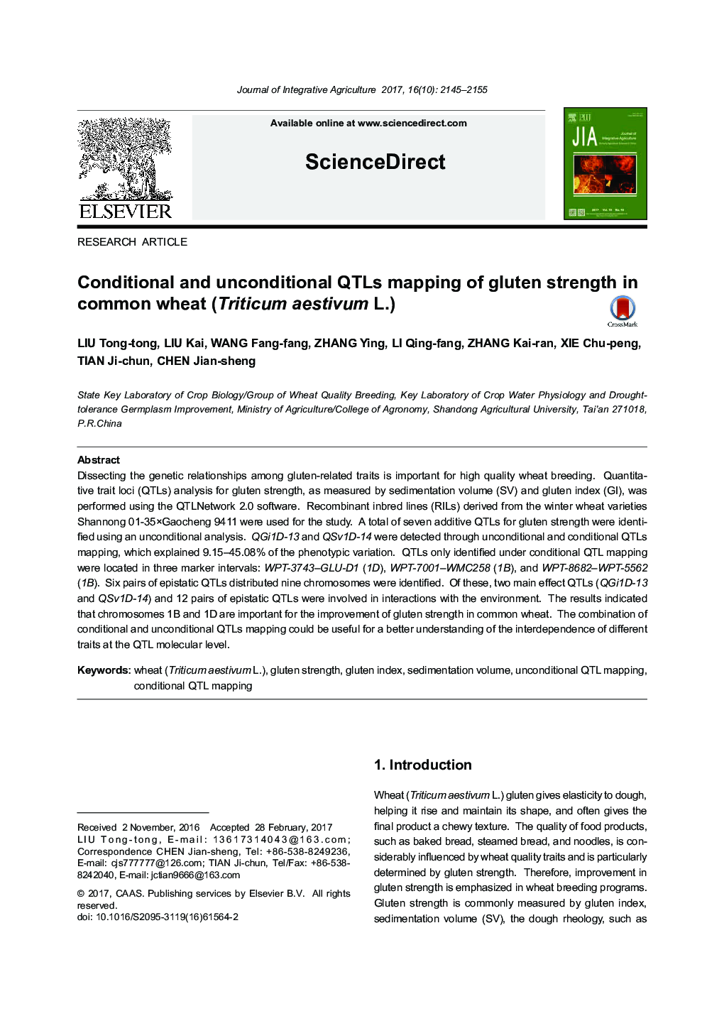 Conditional and unconditional QTLs mapping of gluten strength in common wheat (Triticum aestivum L.)