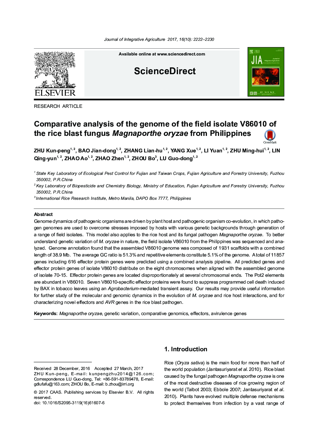 Comparative analysis of the genome of the field isolate V86010 of the rice blast fungus Magnaporthe oryzae from Philippines