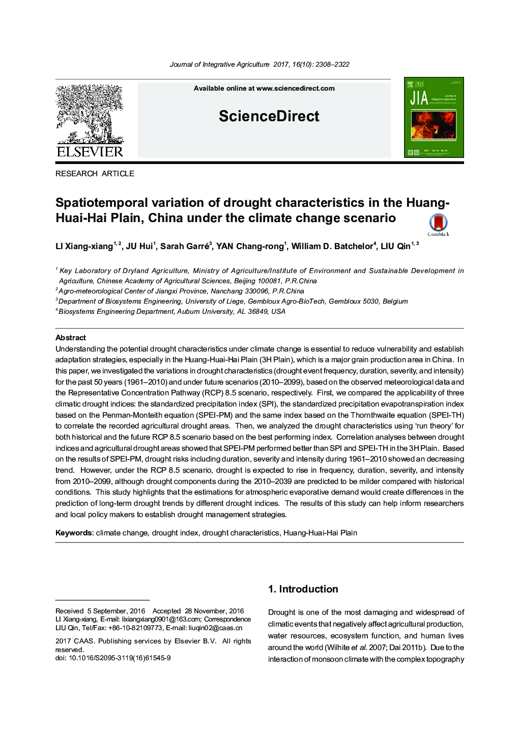 Spatiotemporal variation of drought characteristics in the Huang-Huai-Hai Plain, China under the climate change scenario