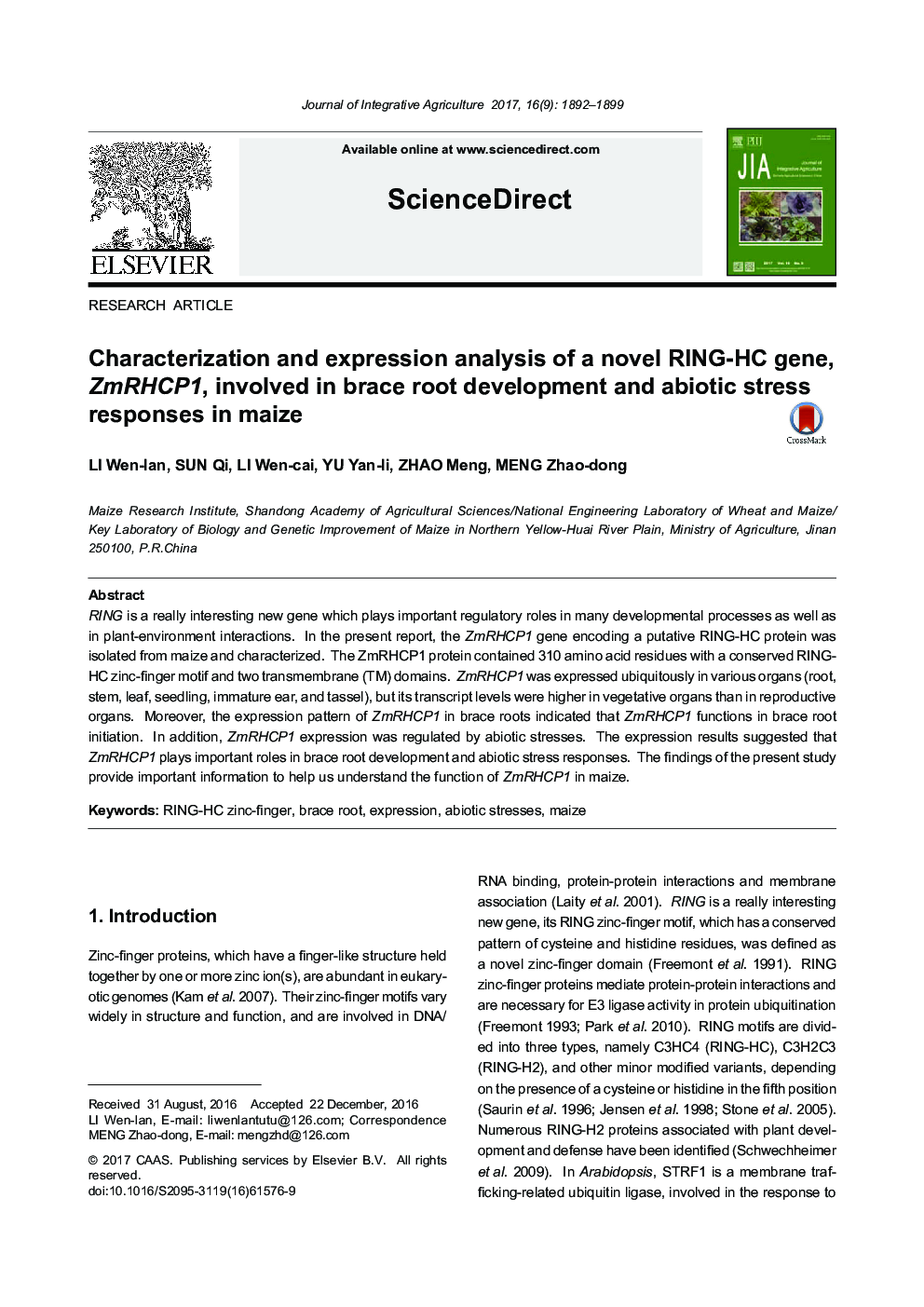 Characterization and expression analysis of a novel RING-HC gene, ZmRHCP1, involved in brace root development and abiotic stress responses in maize