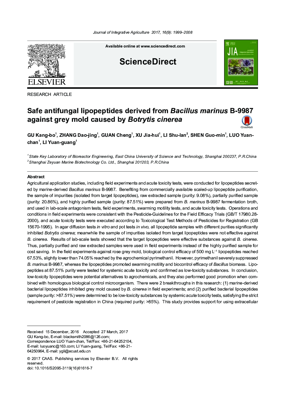 Safe antifungal lipopeptides derived from Bacillus marinus B-9987 against grey mold caused by Botrytis cinerea