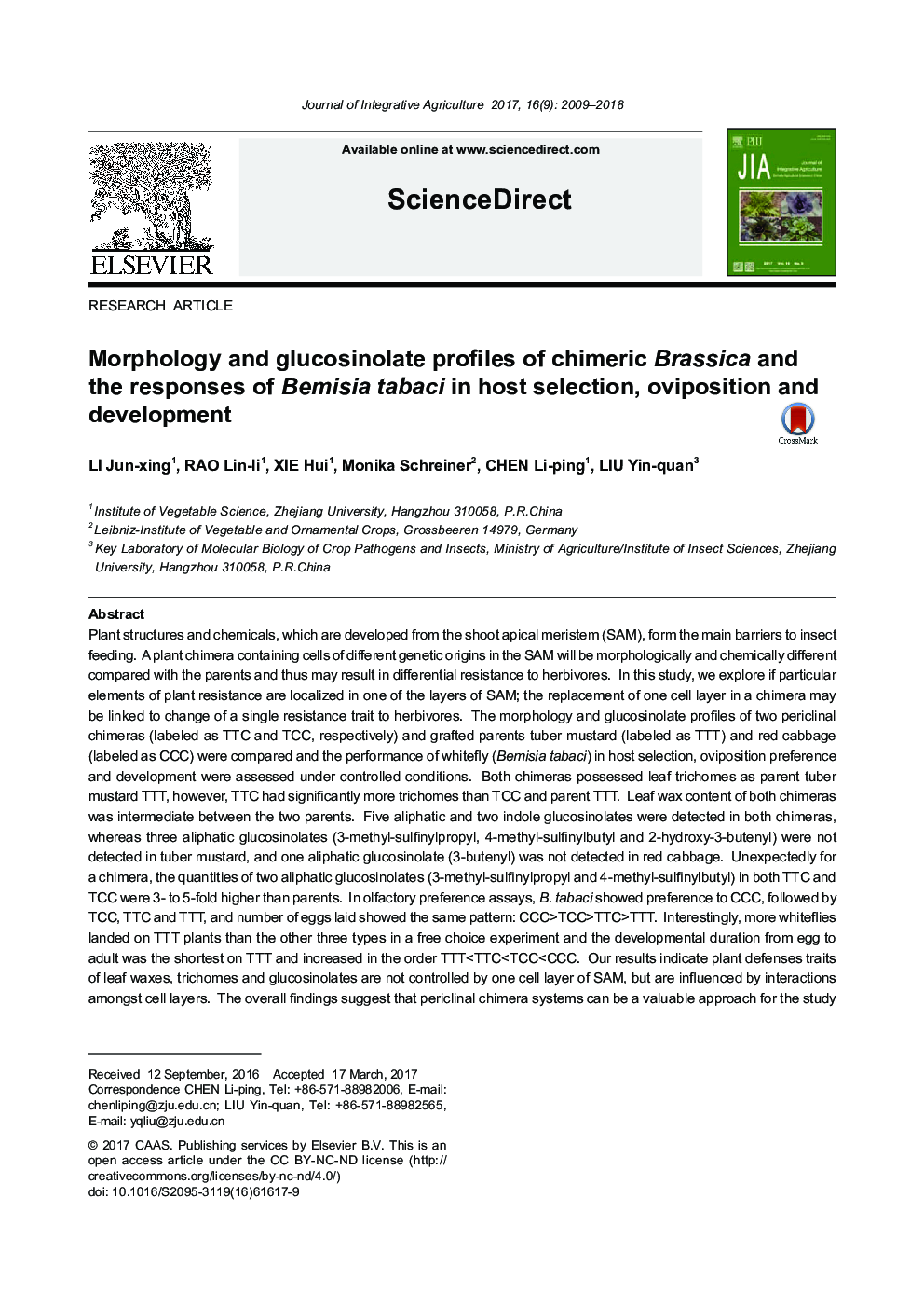 Morphology and glucosinolate profiles of chimeric Brassica and the responses of Bemisia tabaci in host selection, oviposition and development