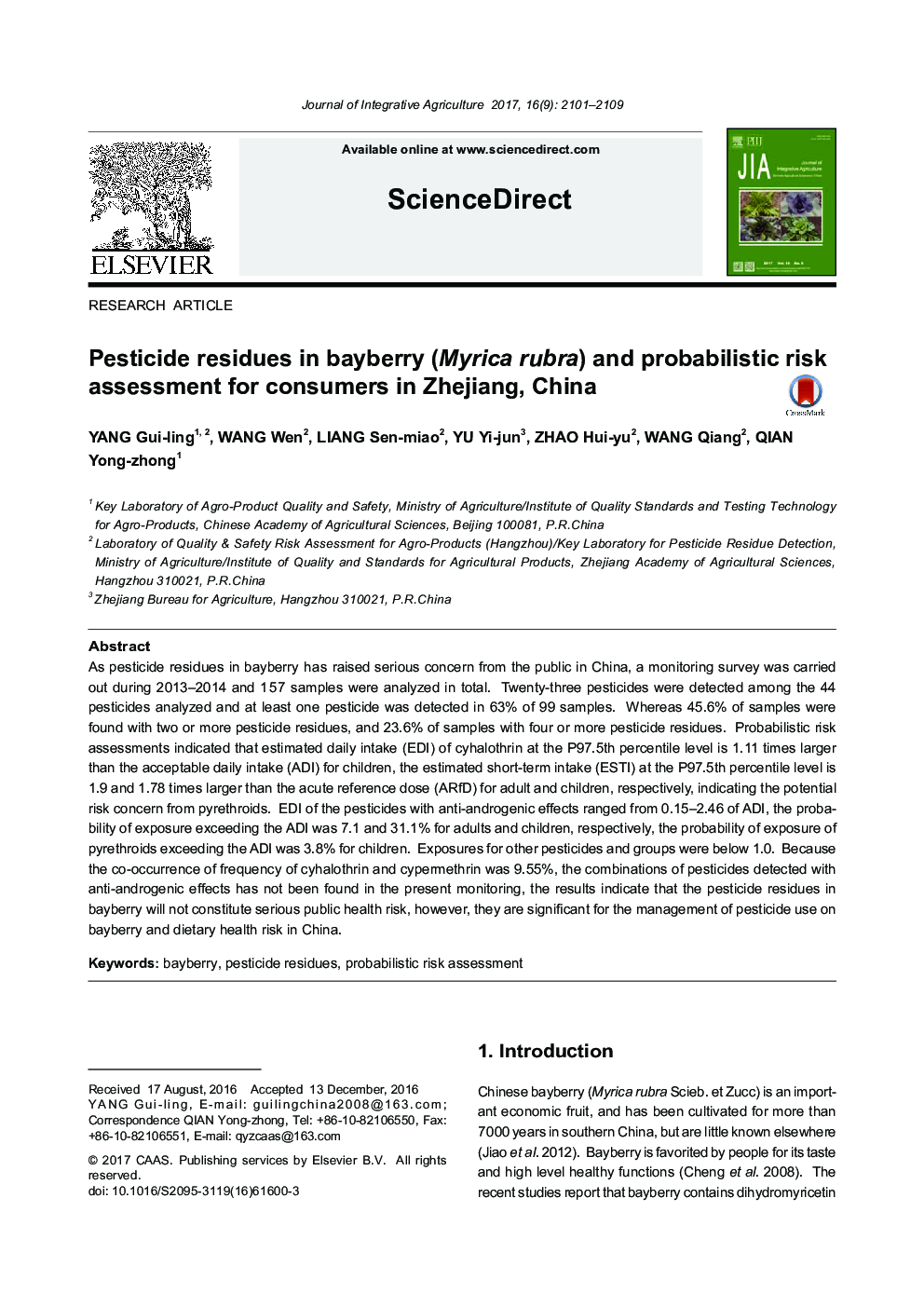Pesticide residues in bayberry (Myrica rubra) and probabilistic risk assessment for consumers in Zhejiang, China