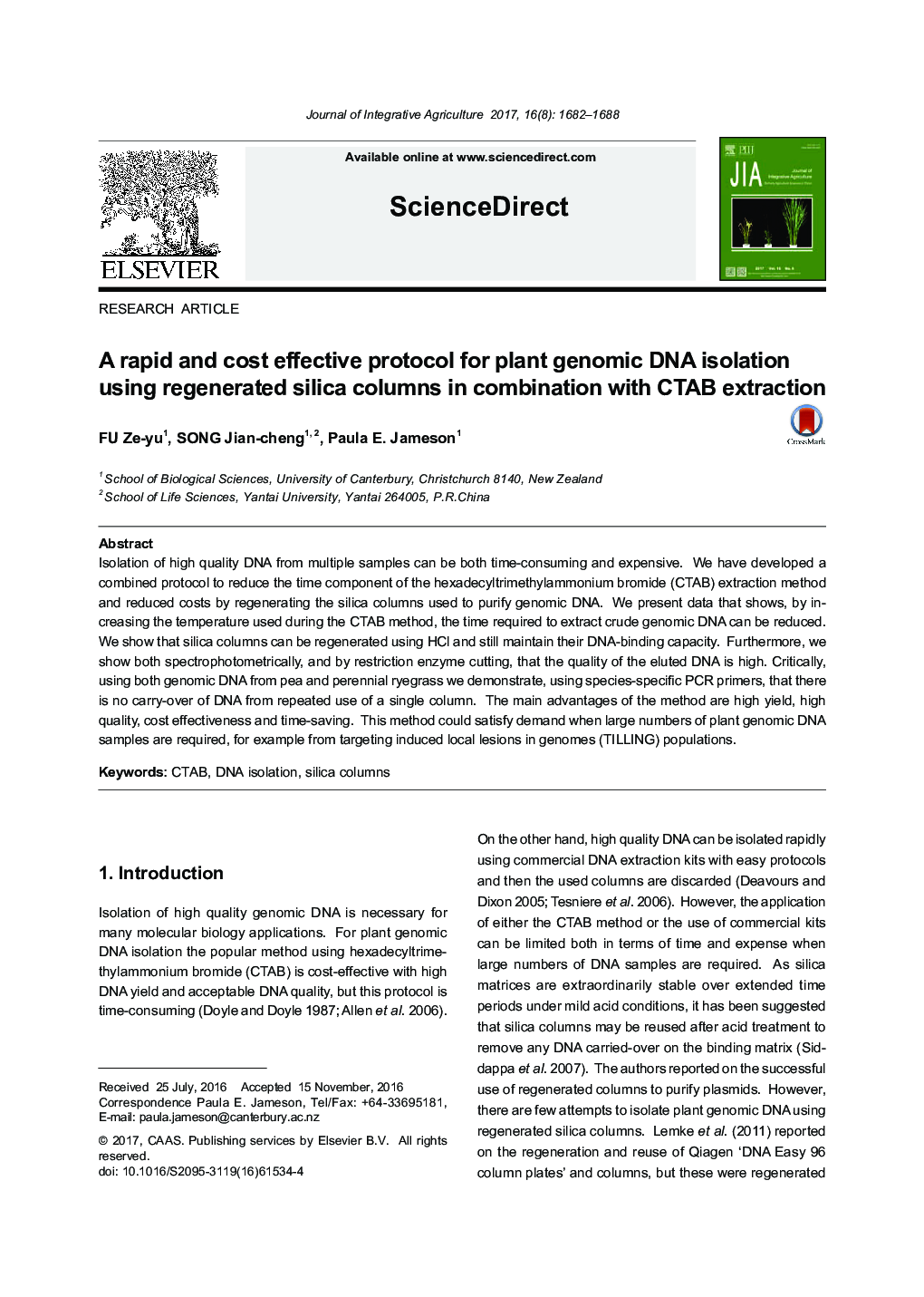 A rapid and cost effective protocol for plant genomic DNA isolation using regenerated silica columns in combination with CTAB extraction