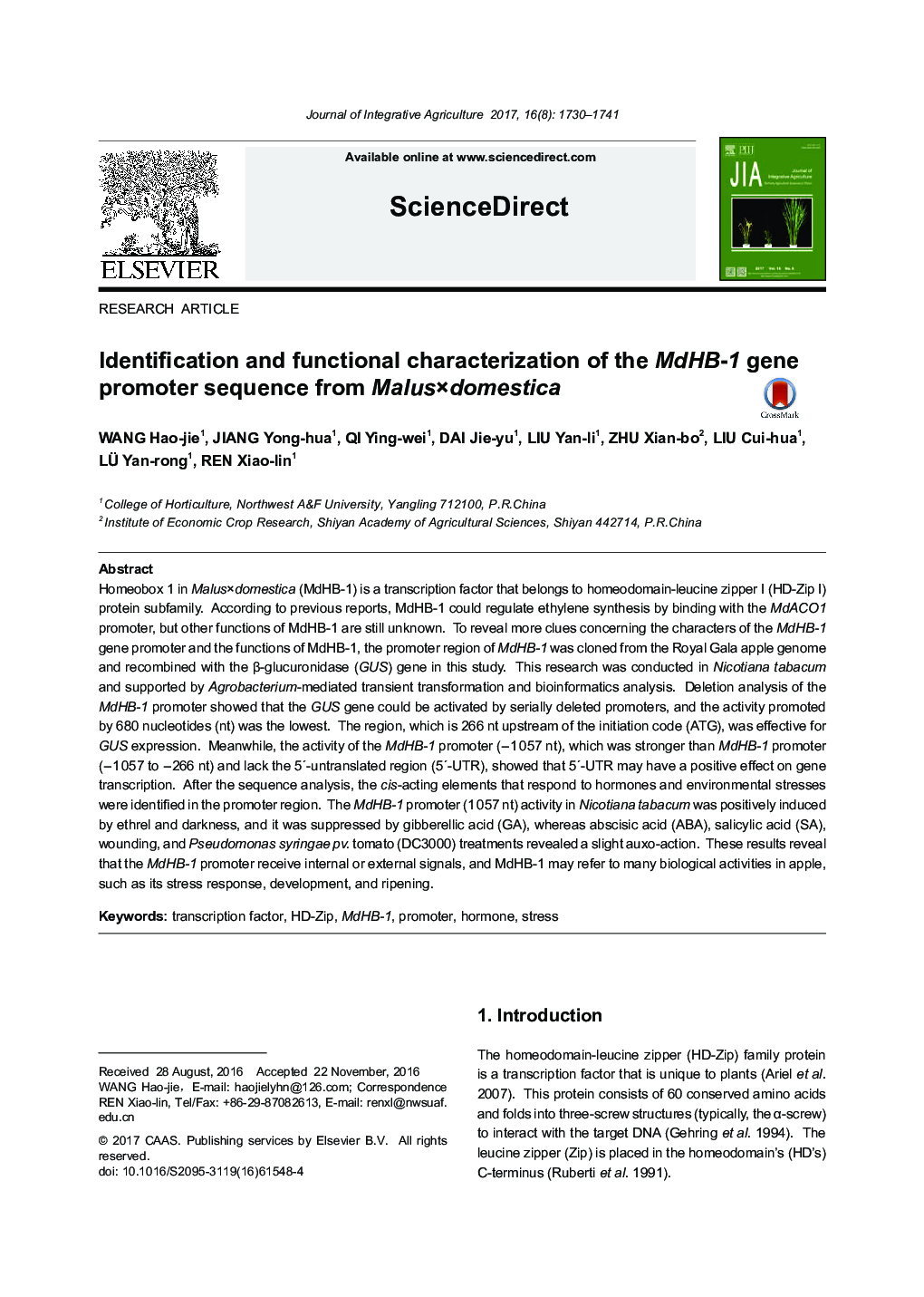 Identification and functional characterization of the MdHB-1 gene promoter sequence from MalusÃdomestica