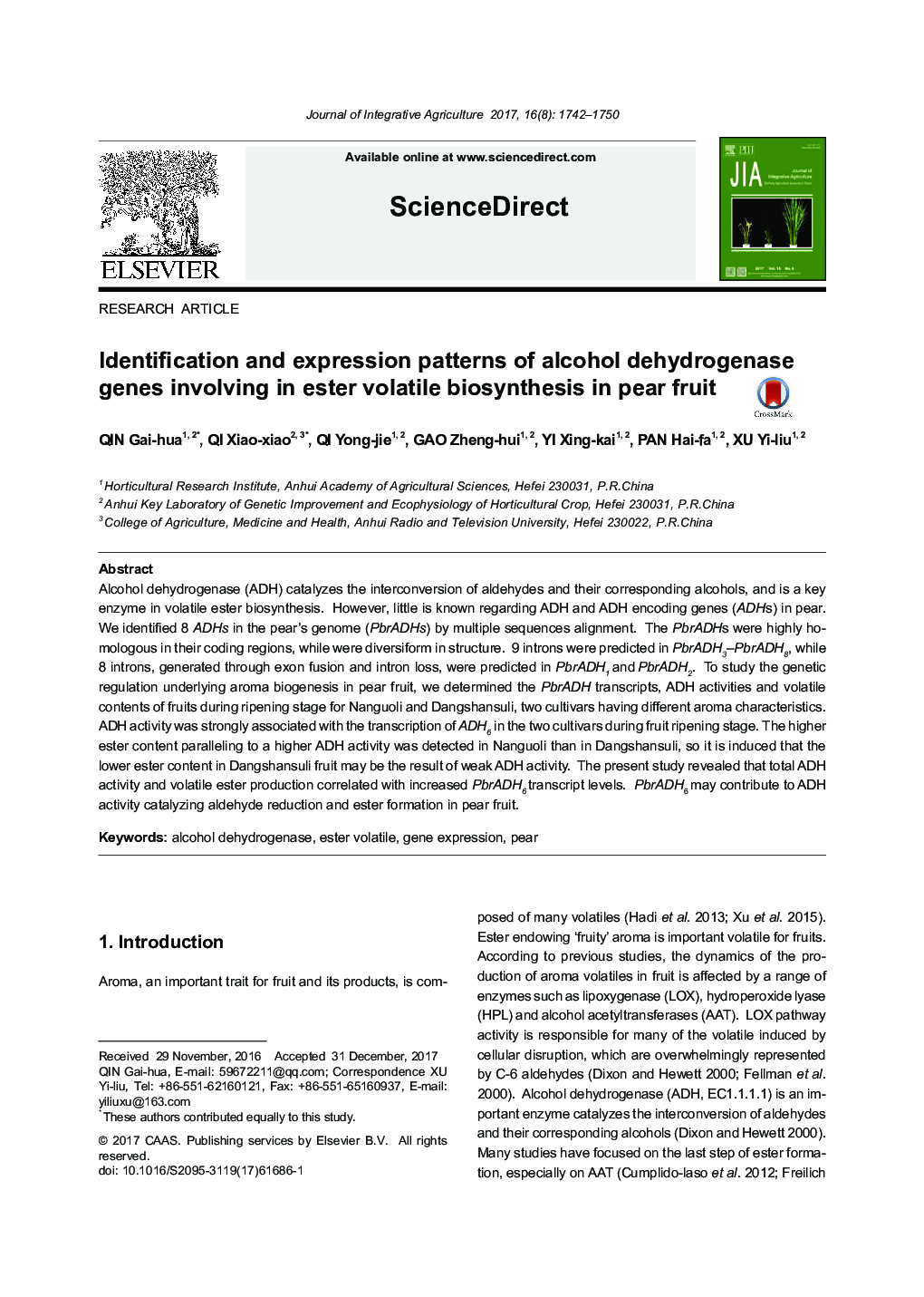 Identification and expression patterns of alcohol dehydrogenase genes involving in ester volatile biosynthesis in pear fruit