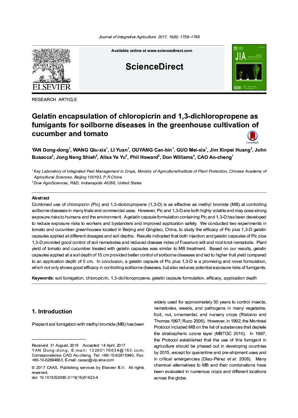 Gelatin encapsulation of chloropicrin and 1,3-dichloropropene as fumigants for soilborne diseases in the greenhouse cultivation of cucumber and tomato