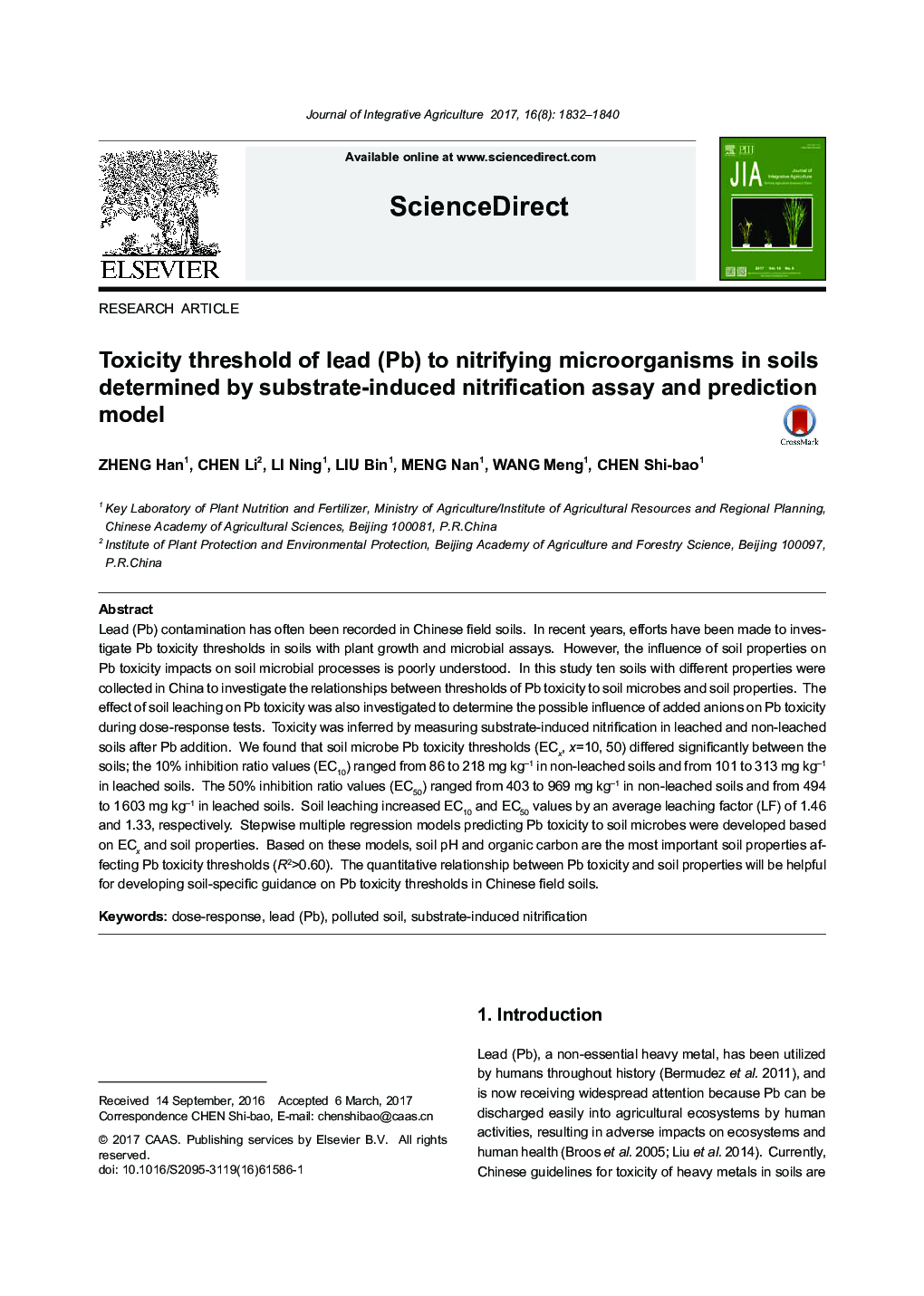 Toxicity threshold of lead (Pb) to nitrifying microorganisms in soils determined by substrate-induced nitrification assay and prediction model