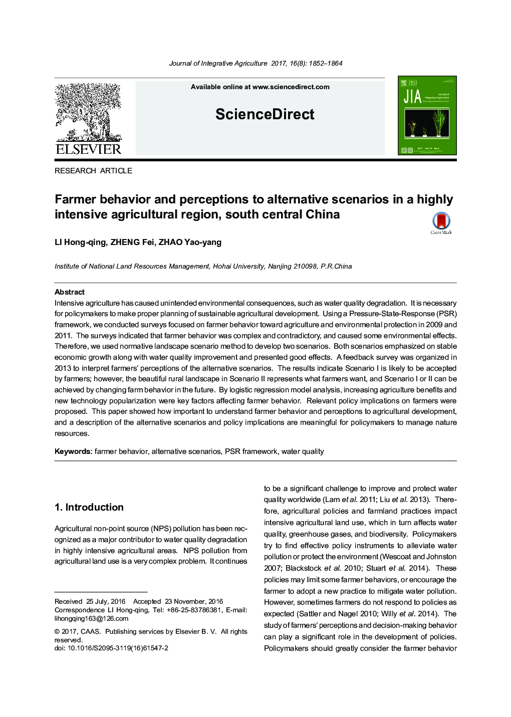 Farmer behavior and perceptions to alternative scenarios in a highly intensive agricultural region, south central China