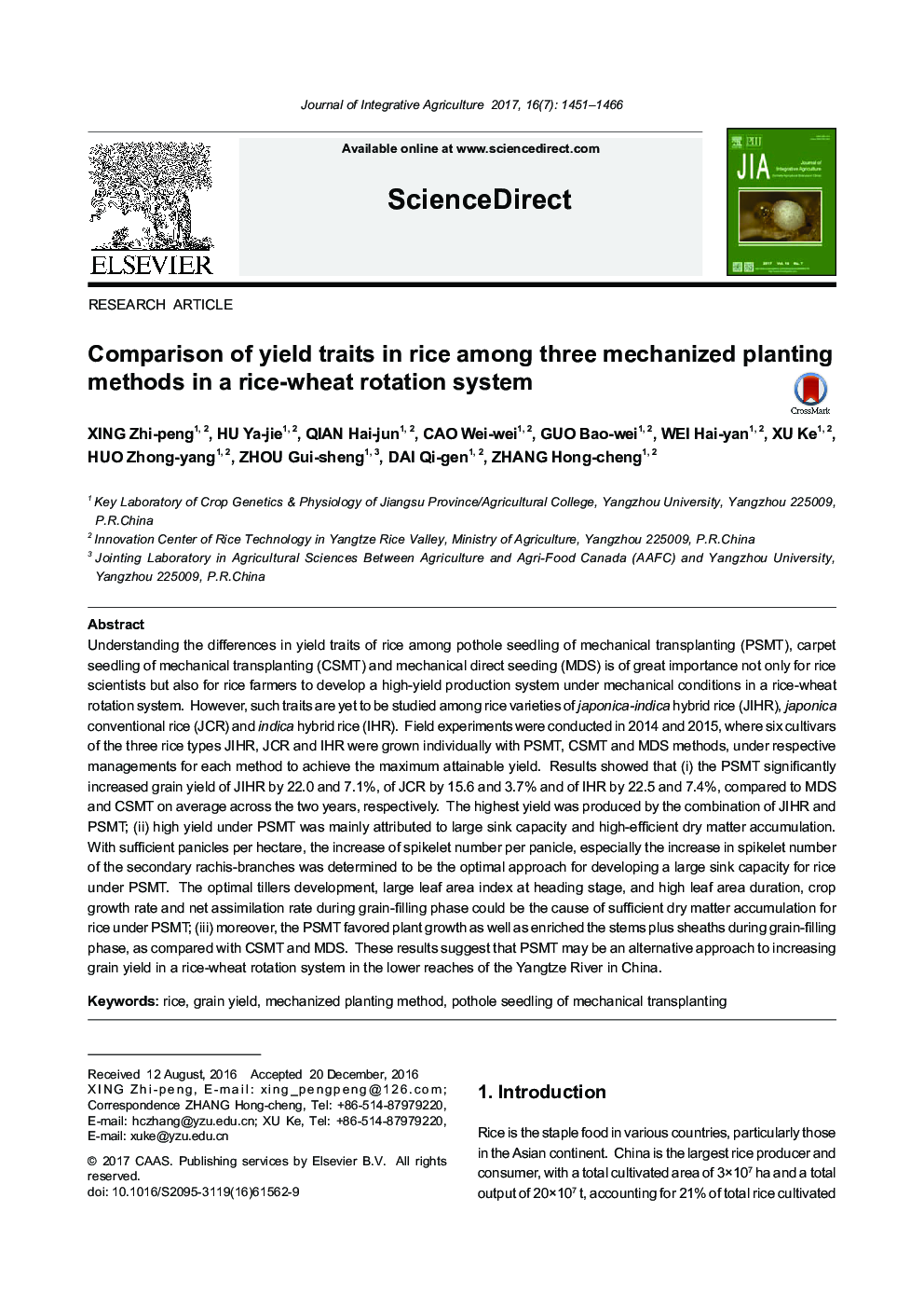 Comparison of yield traits in rice among three mechanized planting methods in a rice-wheat rotation system