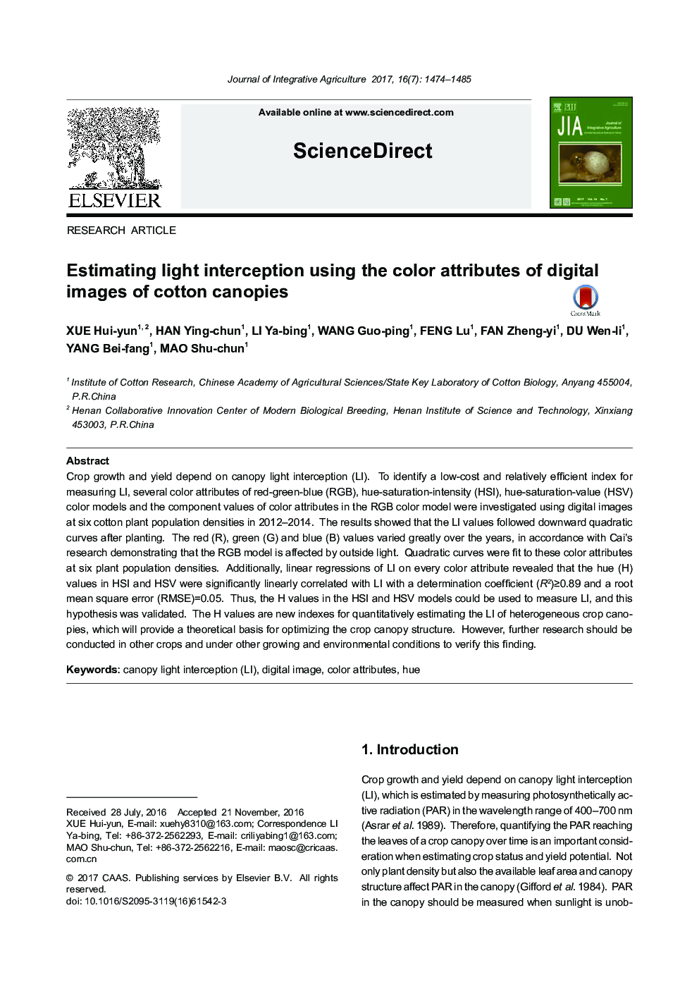 Estimating light interception using the color attributes of digital images of cotton canopies