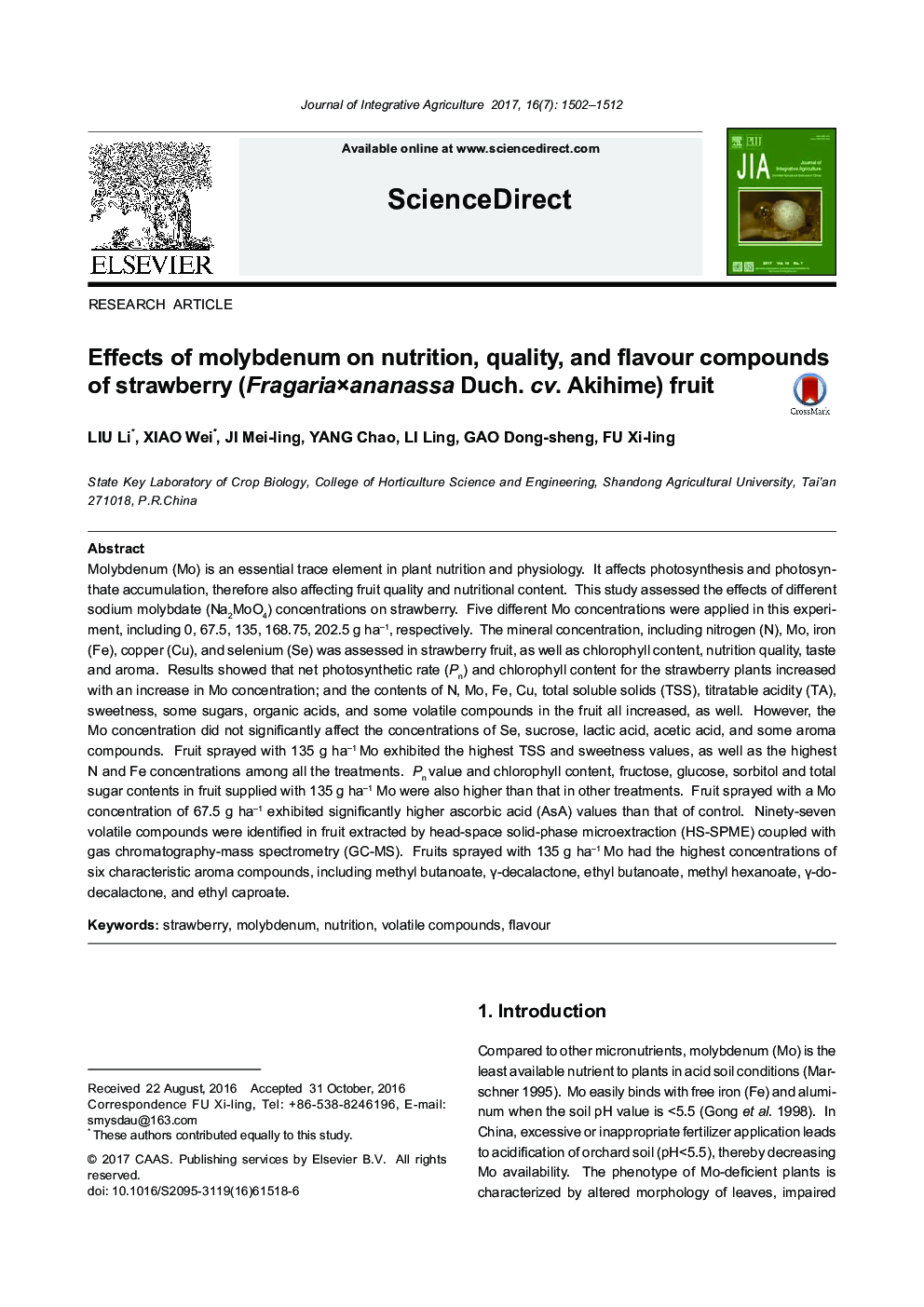 Effects of molybdenum on nutrition, quality, and flavour compounds of strawberry (FragariaÃananassa Duch. cv. Akihime) fruit