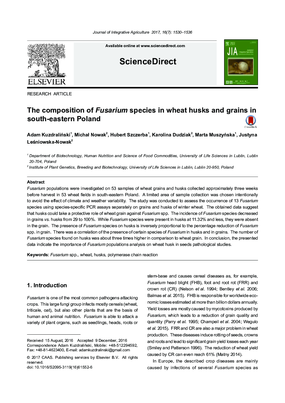 The composition of Fusarium species in wheat husks and grains in south-eastern Poland