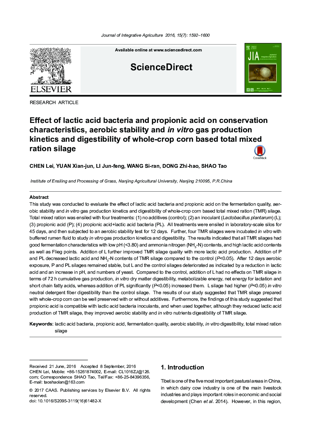 Effect of lactic acid bacteria and propionic acid on conservation characteristics, aerobic stability and in vitro gas production kinetics and digestibility of whole-crop corn based total mixed ration silage