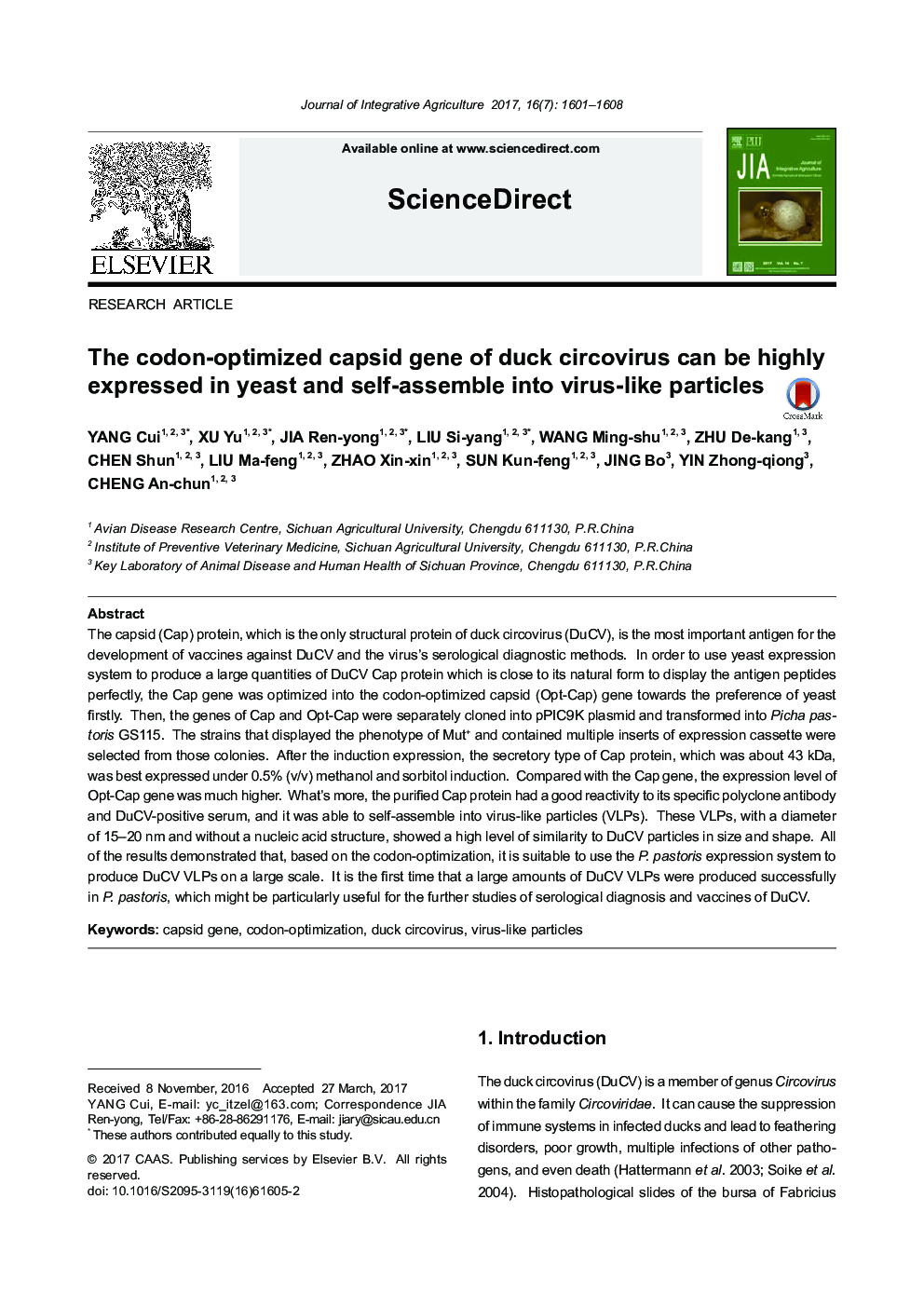 The codon-optimized capsid gene of duck circovirus can be highly expressed in yeast and self-assemble into virus-like particles